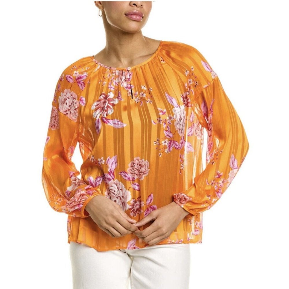 Vince Camuto Womens Rio Gardens Floral Keyhole Neck Sheer Top Sunset Orange